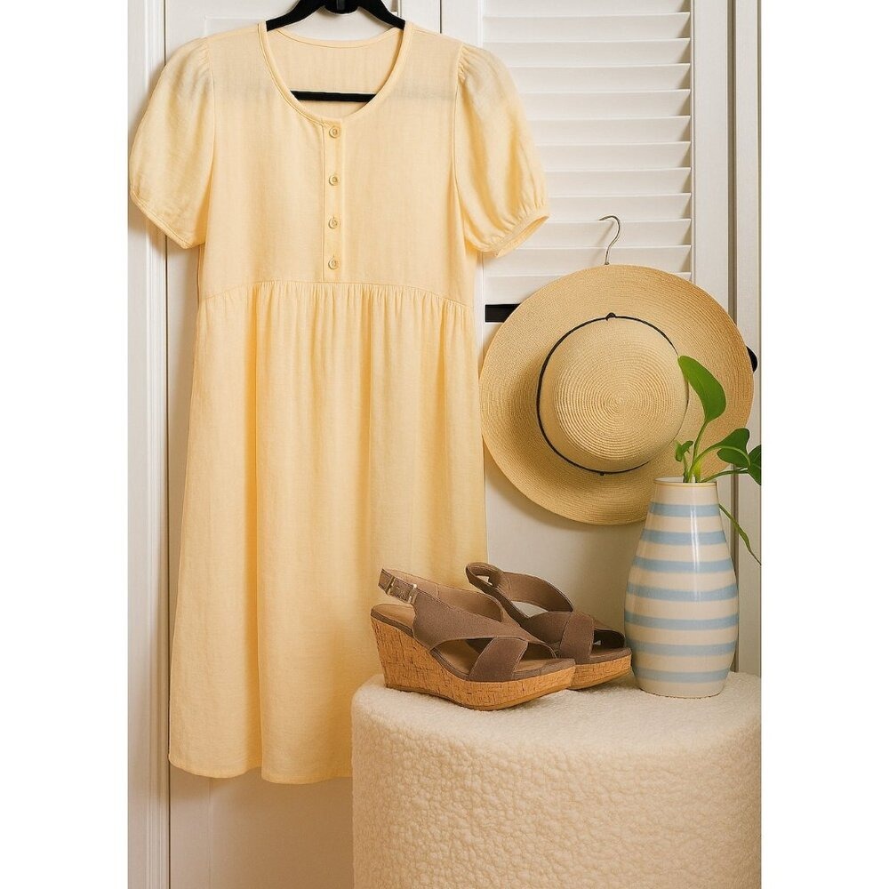 Puff Sleeve Butter Yellow Babydoll Midi Dress Small Cottagecore Spring Dainty